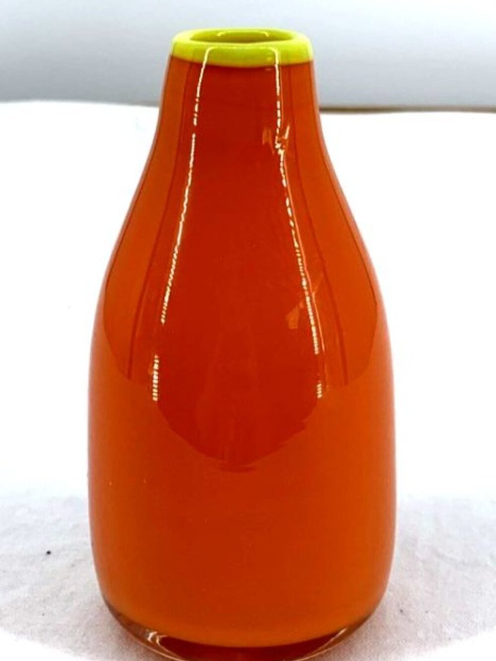 Prizzle Vase Hand Blown 6" Bright Yellow Vase Red Glass Top Lip Vintage